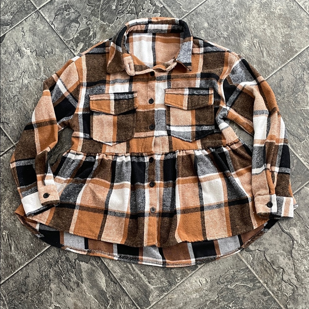 Plaid Peplum Shacket Brown White Black Button Front Preppy Cottagecore Coastal